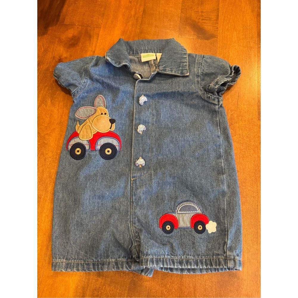 Sesame Street Y2K Blue Denim Bodysuit with Red Car Design